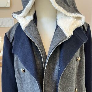 Elegant Navy and Gray Hooded Pea Coat